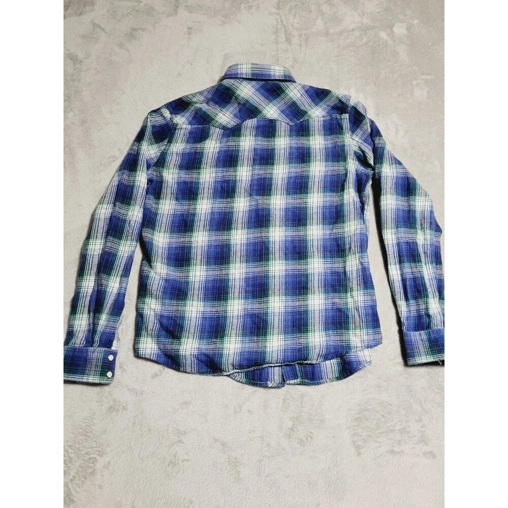 Levi's Western Pearl Snap Shirt Mens Medium Plaid Blue/Green Flannel Button Up